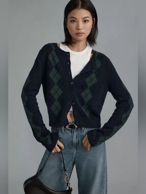 Reformation Reformation Clara Cashmere Blue and Green Argyle Cardigan Size Xsmal